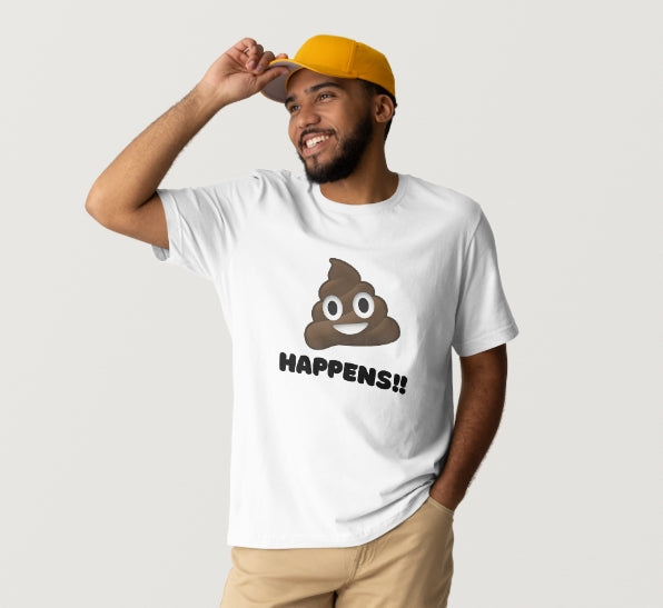 Man wearing a white t-shirt with a poop emoji and text, yellow cap, and beige pants on a light gray background