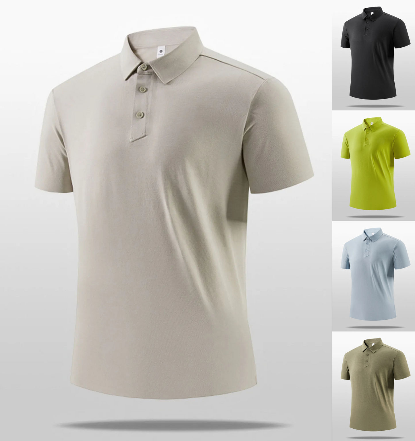 Beige polo shirt with additional colors displayed in a collage on a white background