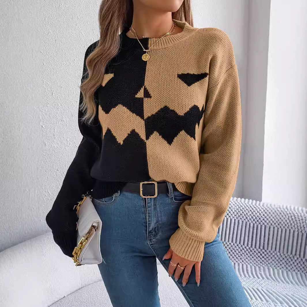 Women's Color Block Jack-O-Lantern Sweater