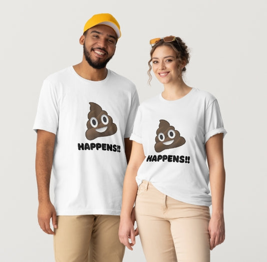 Two people wearing white t-shirts with a poop emoji and text on a plain background