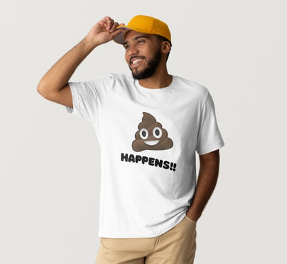 Man wearing a white t-shirt with a poop emoji and text, yellow cap, and beige pants on a light gray background