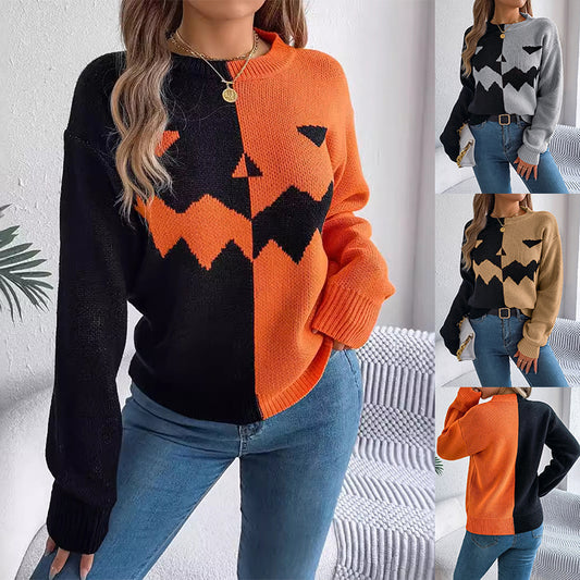 Women's Color Block Jack-O-Lantern Sweater