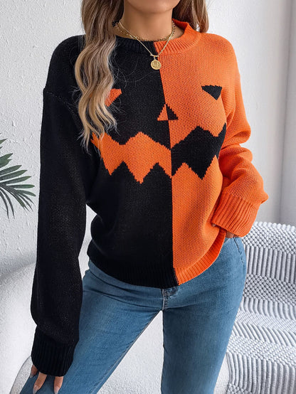 Women's Color Block Jack-O-Lantern Sweater