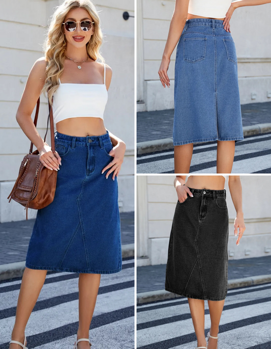 Women's Back Slit Midi Denim Skirt