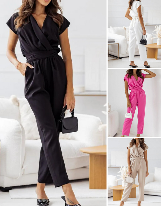 Women's Surplice Cap Sleeve Tie Waist Jumpsuit