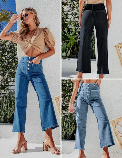 Women's Button Fly Cropped Wide Leg Jeans