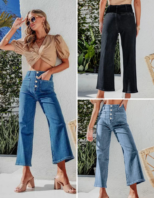 Women's Button Fly Cropped Wide Leg Jeans