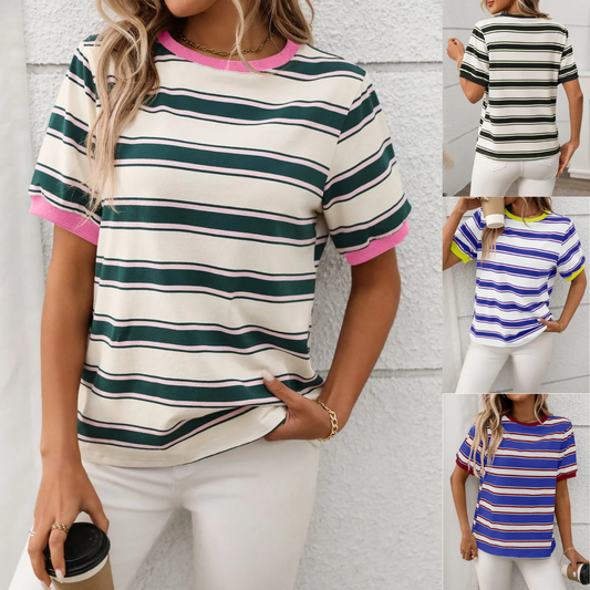 Woman wearing a striped shirt with a gray background