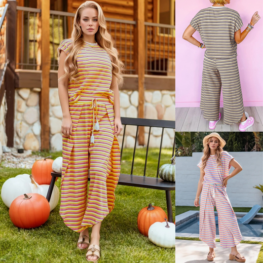 Woman in a striped dress standing outdoors with pumpkins, followed by images of other women in the same outfit but in different striped color set.