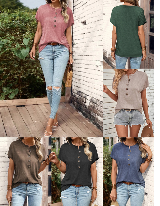 Collage of a woman wearing a half button-up shirt and jeans in various settings.