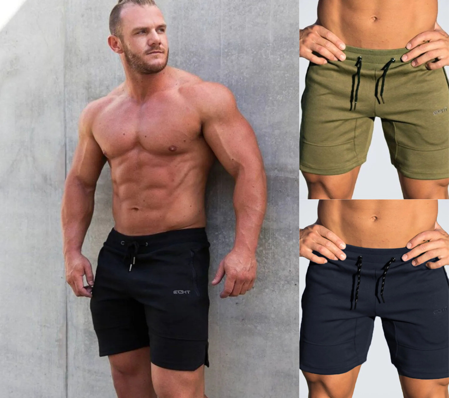 Man wearing black and green shorts with a gray background