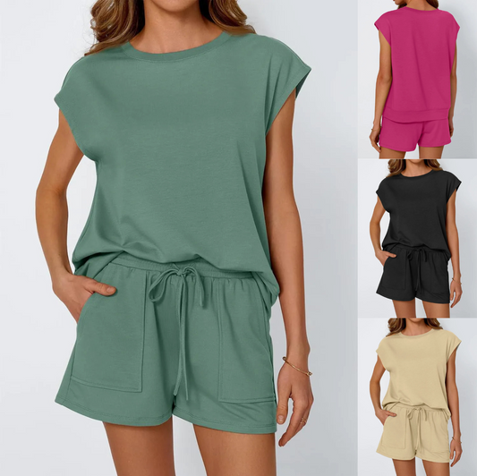 Woman wearing a green outfit with inset images of other colors.