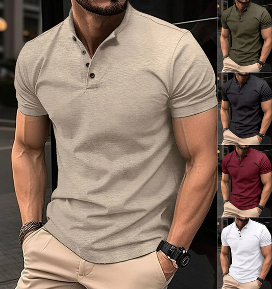 Man wearing a beige henley shirt with multiple views shown.