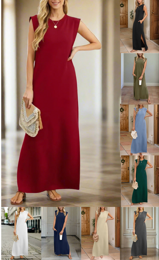 Collage of a woman wearing a long sleeveless dress in various colors you can buy on www.hatleydesigns.us. 