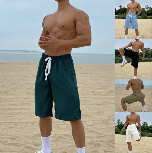 Man wearing green shorts on a beach with inset images of him wearing different colored shorts.