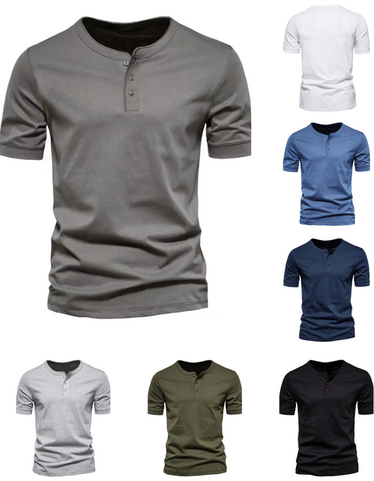 Collection of men's short-sleeve henley shirts in various colors on a white background.