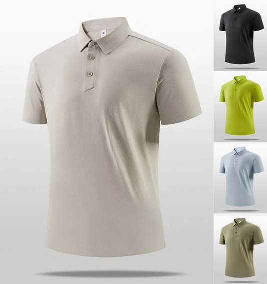 Beige polo shirt with additional colors displayed in a collage on a white background