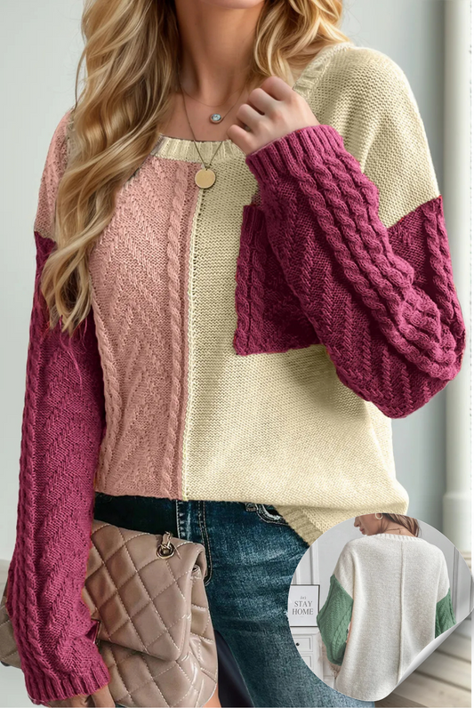 Double Take Cable Knit Color Block Sweater