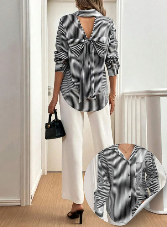 Women's Cutout Bow Striped Shirt