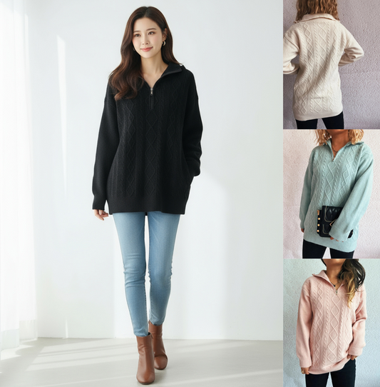 Women's 3/4 Zip Cable Knit Sweater