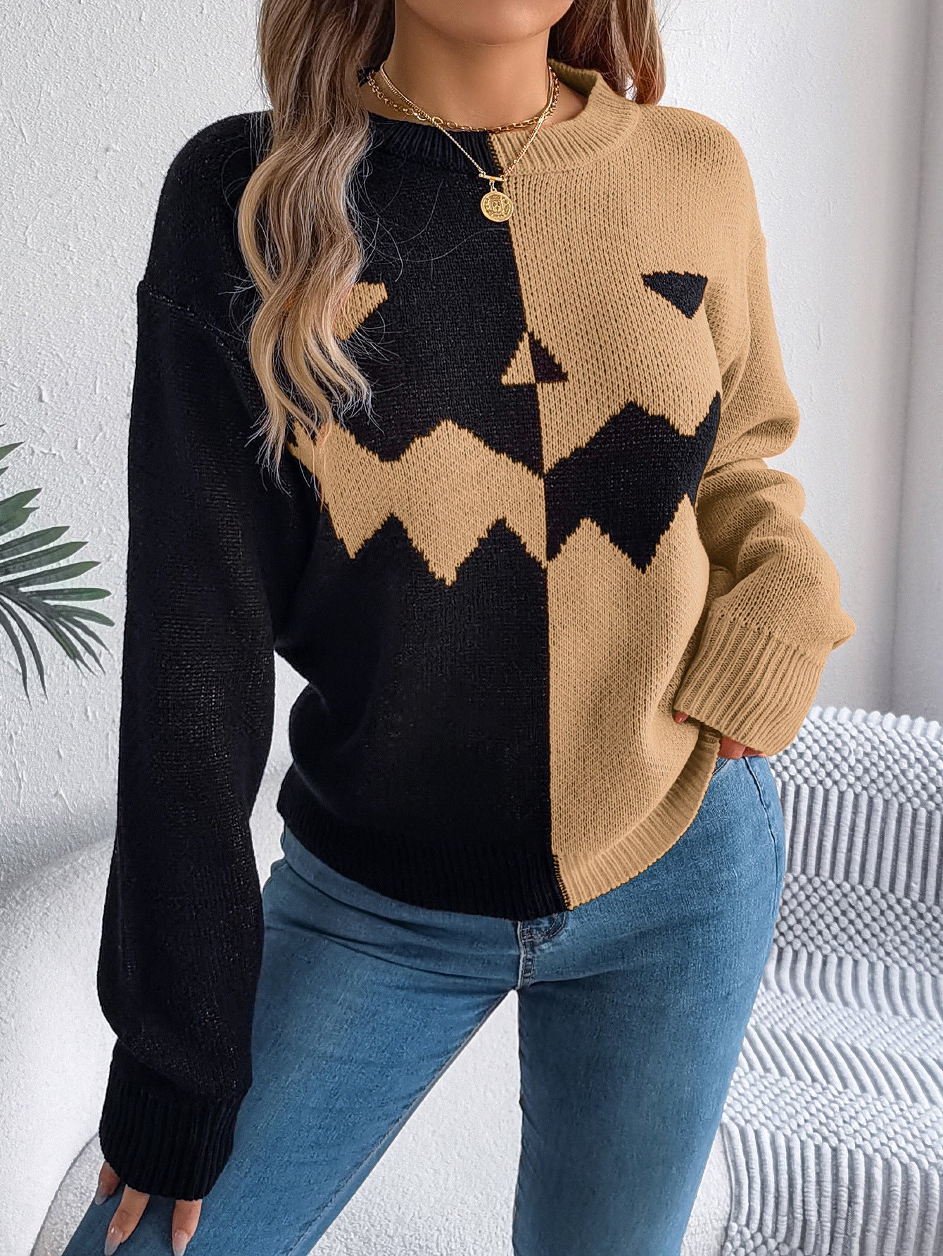 Women's Color Block Jack-O-Lantern Sweater