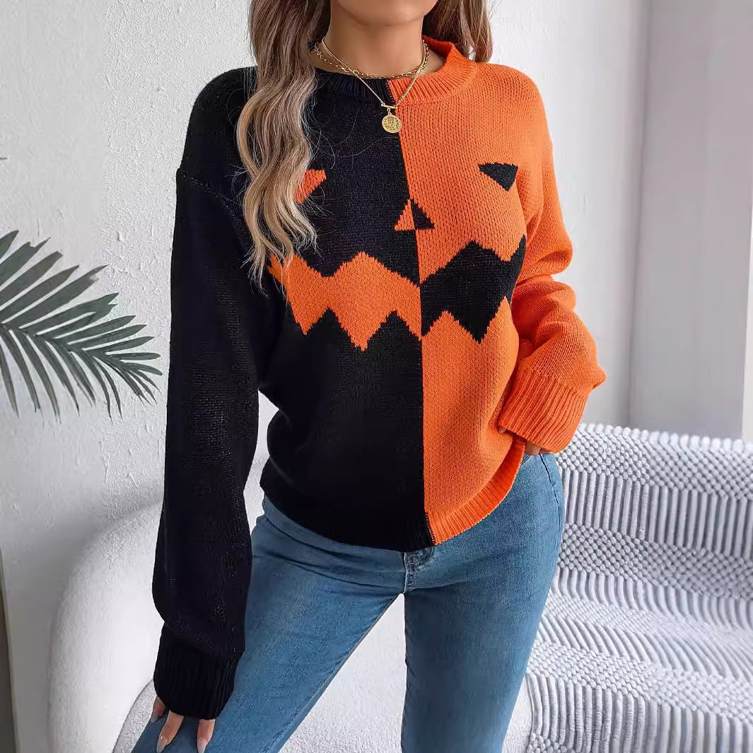 Women's Color Block Jack-O-Lantern Sweater